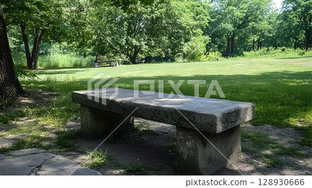A Peaceful Respite, Stone Bench Amidst Greenery and Tranquil Park Setting A Peaceful Respite, Stone Bench Amidst Greenery and Tranquil Park Setting 128930666