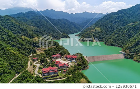 Picturesque hydroelectric dam nestled in a lush green mountain valley, Vietnam Picturesque hydroelectric dam nestled in a lush green mountain valley, Vietnam 128930671