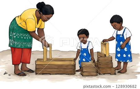 African family working together on a DIY project with wooden boxes 128930682