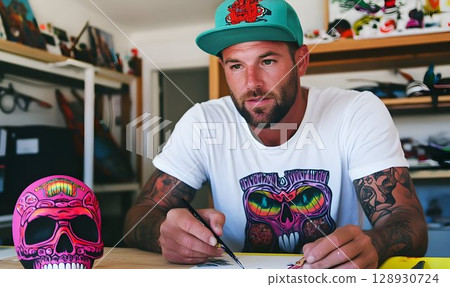 Tattooed artist creates colorful skull artwork in a sunlit studio setting 128930724
