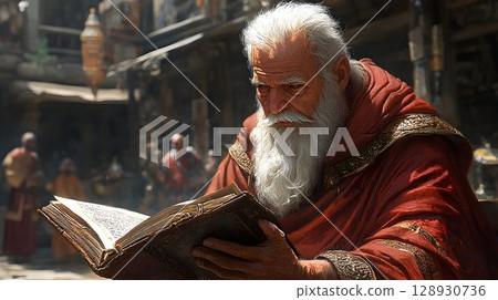 Ancient sage absorbed in the sacred texts amidst an ancient setting 128930736