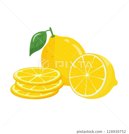 Set of yellow lemon citrus fruits with slices, whole and cut, isolated on white background. Tropical fruit sweets season. Realistic vector illustration. 128930752
