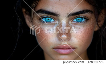 Intense Gaze, A Portrait of Striking Blue Eyes and Freckled Complexion 128930776