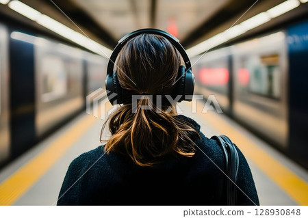 Woman with headphones waiting for train in a subway station setting Woman with headphones waiting for train in a subway station setting 128930848