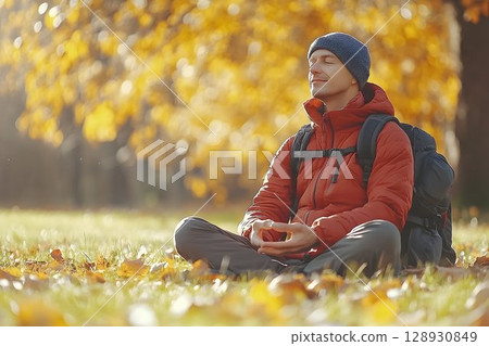 Mindfulness in nature: Man meditating in autumn with backpack outdoors Mindfulness in nature: Man meditating in autumn with backpack outdoors 128930849