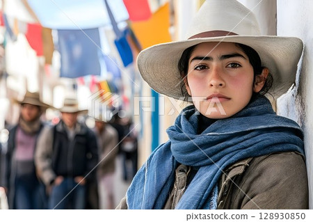 Portrait of a young Ladakhi woman with traditional hat and colorful flags Portrait of a young Ladakhi woman with traditional hat and colorful flags 128930850