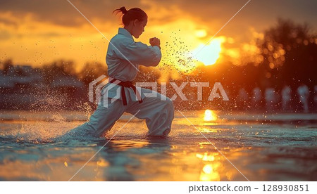Woman Demonstrates Martial Arts Stance in Tranquil Water at Sunset 128930851