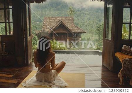 Serene woman meditating in luxurious tropical retreat overlooking lush landscape 128930852