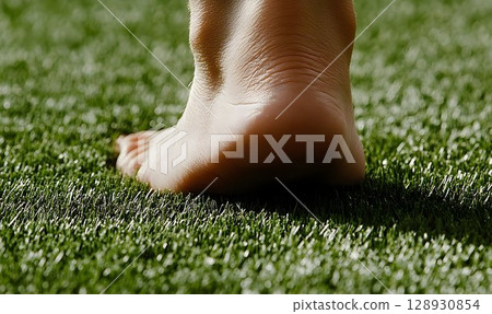 Barefoot Bliss: Sole Resting Comfortably on Lush Green Artificial Turf Surface 128930854