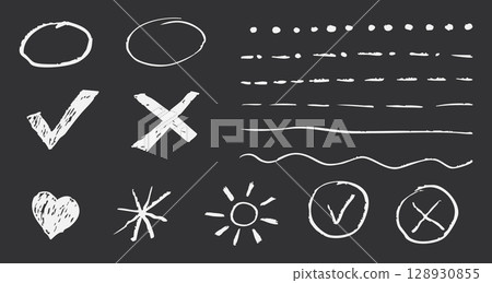 Brush drawn ellipses textured underline check marks highlight text. Chalk drawing on blackboard, school hand drawn scribble set. 128930855