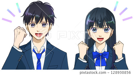 Happy, anime-style illustration of male and female high school or junior high school students making a fist pump, white background 128930856