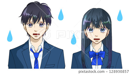 動漫風格的插圖，描繪了不理解或遇到麻煩的高中或初中男女學生，白色背景 128930857