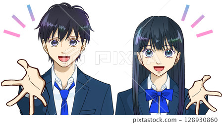 動漫風格的插圖，描繪了高中或初中男女學生微笑著伸出雙手，白色背景 128930860