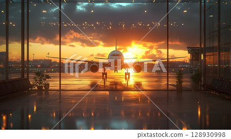 Dramatic aircraft arrival illuminated by golden sunset airport terminal view 128930998