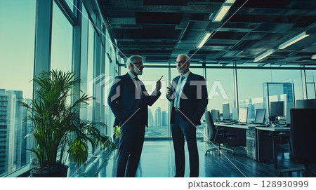 Mature Businessmen Discussing Ideas in a Modern Corporate Office Setting Mature Businessmen Discussing Ideas in a Modern Corporate Office Setting 128930999