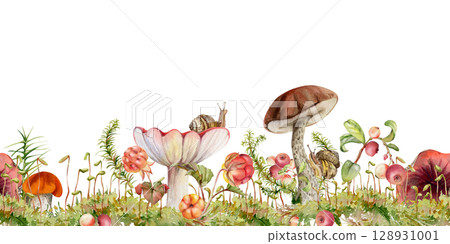 Birch bolete cep russula scaber stalk mushroom, snail, horsetail plant, cranberry lingonberry berries twigs on top of moss cushion with spore stalks. Seamless banner header hand drawn in watercolor 128931001