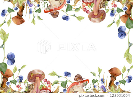 Russula webcap bolete slippery jack mushroom, snail on cap, cranberry blackberry on fallen autumn leaves pile, berries twigs. Forest floor fungi border frame hand drawn in watercolor. Label tag design Russula webcap bolete slippery jack mushroom, snail on cap, cranberry blackberry on fallen autumn leaves pile, berries twigs. Forest floor fungi border frame hand drawn in watercolor. Label tag design 128931004