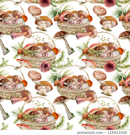 Baskets full of picked mushrooms. Seamless pattern tile hand drawn in watercolor, autumn forest harvest of bolete russula webcap milk-cap fungi with horsetail plant stalks, grass blades. Label, menu 128931008