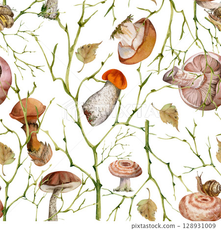 Bolete cep russula suillus milk-cap striped mushroom, fallen autumn leaves snails. Fungi nature seamless pattern hand drawn in watercolor. Brambles, twisting branches twigs. Fabric linens wallpaper Bolete cep russula suillus milk-cap striped mushroom, fallen autumn leaves snails. Fungi nature seamless pattern hand drawn in watercolor. Brambles, twisting branches twigs. Fabric linens wallpaper 128931009