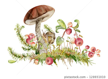 Birch bolete cep leccinum mushroom fungus, scaber stalk with snail, horsetail plant, cranberry lingonberry berries twigs on top of moss cushion with spore stalks. Illustration hand drawn in watercolor 128931010