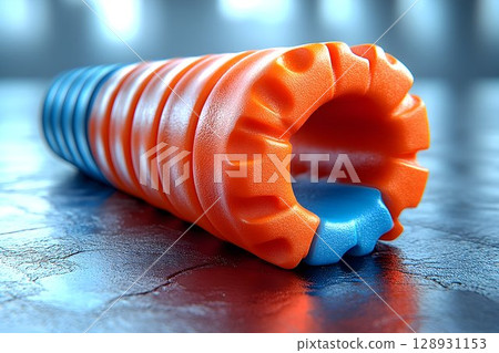 Orange and Blue Plastic Corrugated Tube on Textured Surface, Modern Abstract Orange and Blue Plastic Corrugated Tube on Textured Surface, Modern Abstract 128931153