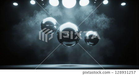 Floating Metal Sphere Trio Three brushed metal spheres of different sizes hover in a dim, smoky room, each lit 128931257