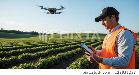 Smart Farming - Farmer Using Drone to Monitor Crop Health from Above A farmer is using a drone to monitor 128931258