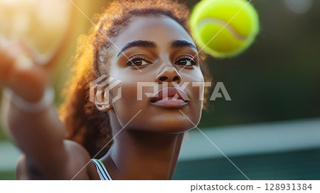 Focused female athlete preparing to serve a tennis ball on the court 128931384