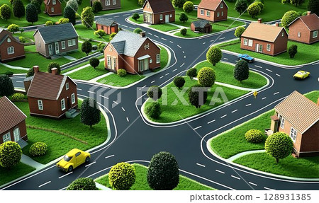 Miniature Suburban Neighborhood with Houses, Roads, and Landscaping 128931385