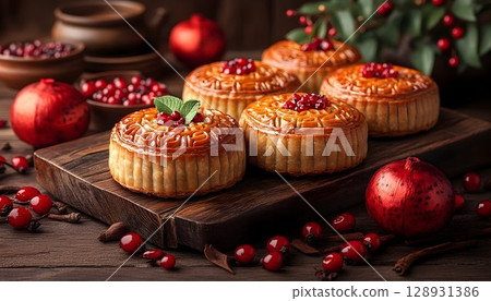 Elegant mooncakes with ornate designs and vibrant red fruit embellishments Elegant mooncakes with ornate designs and vibrant red fruit embellishments 128931386