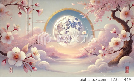 盛開的櫻花、夢幻般的雲海和滿月的天空，構成了日式夢幻春天的風景 128931449