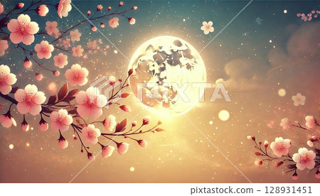 一幅夢幻般的春季風景插圖，描繪了盛開的櫻花、漂浮在黃昏天空中的滿月和光芒。 128931451