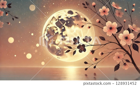 這是一幅描繪寧靜春夜的風景畫，水面上倒映的金色滿月與櫻花的輪廓以夢幻的方式融為一體。 128931452