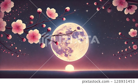 盛開的櫻花點綴著夜空，地平線上升起的滿月和星星營造出夢幻般的空間。 128931453