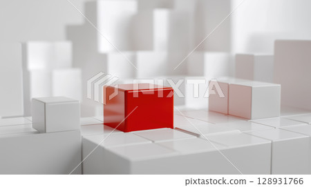 Red rectangle and white cube showcase captivating harmony, evoke feeling of balance and modern elegance in minimalist composition 128931766