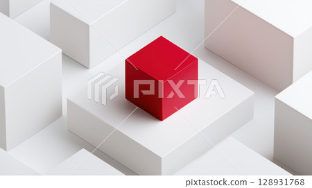 Red cube atop white cubes creates feeling of bold singularity. Geometric abstraction showcases minimalism and stands out with sharp precision 128931768