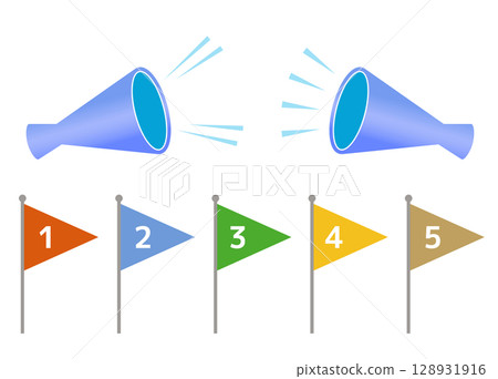 A set of a megaphone and a flag. This illustration is useful for flyers for sporting events and sales. A set of a megaphone and a flag. This illustration is useful for flyers for sporting events and sales. 128931916