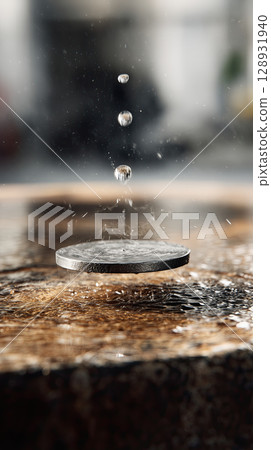 Water droplets hover mid air before impact, making it appear to be floating scene is captured with sense of anticipation and stillness 128931940