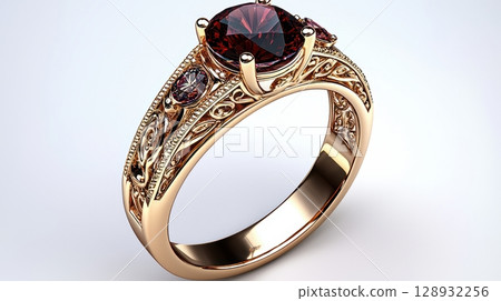 Vintage Style Garnet Ring with Intricate Engraving and Unique Design Vintage Style Garnet Ring with Intricate Engraving and Unique Design 128932256