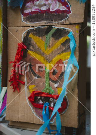 Colorful Cardboard American Indian Masks by Kids 128932284