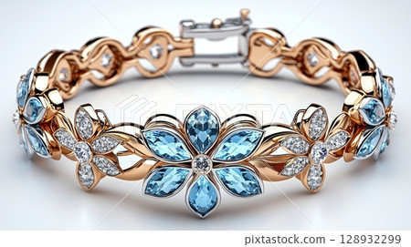 Elegant Aquamarine and Gold Bracelet with Floral Design and Sparkling Gems Elegant Aquamarine and Gold Bracelet with Floral Design and Sparkling Gems 128932299