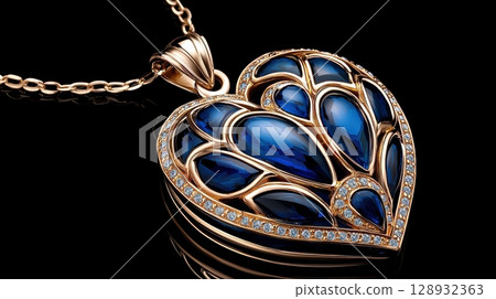 Elegant Sapphire Heart Locket Necklace with Intricate Gold Detailing 128932363