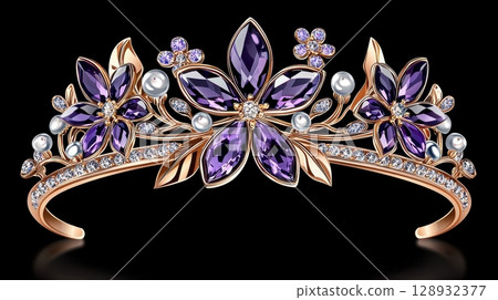 Elegant Amethyst Tiara with Floral Design and Pearls in Gold Finish 128932377