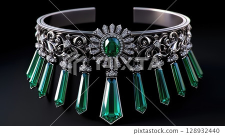 Elegant Emerald Choker Necklace with Cascading Gemstone Drops and Intricate Design 128932440