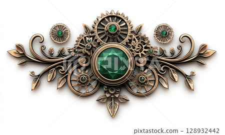 Intricate Emerald Brooch with Floral and Gear Motif in Rich Bronze Design 128932442