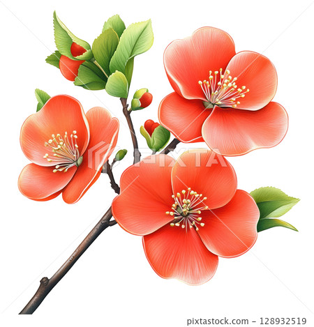 Quince Flower Blooms on Branch with Green Leaves 128932519