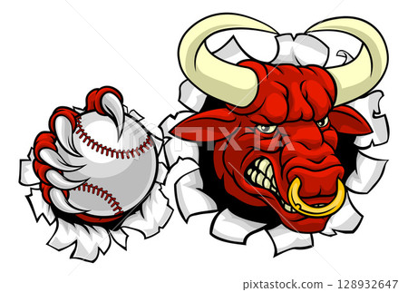 Bull Minotaur Longhorn Cow Baseball Mascot Cartoon Bull Minotaur Longhorn Cow Baseball Mascot Cartoon 128932647