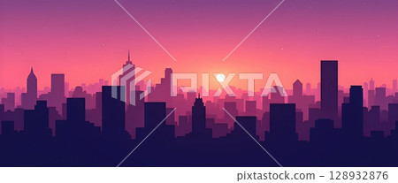 Flat Silhouette Cityscape with Evening Sky 128932876