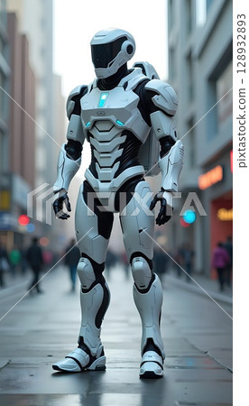 White Armor Robot Man With Blue Tech Trim White Armor Robot Man With Blue Tech Trim 128932893