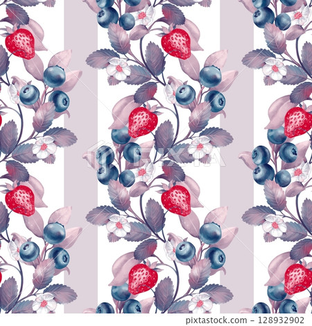 Hand-drawn Strawberry Blueberry Stripe Seamless Pattern Illustration 128932902
